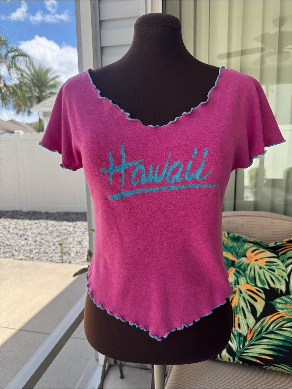 Vintage Hawaii Babydoll Shirt Womens 80s Hot Pink Maui Tourist Beach Top Shirt